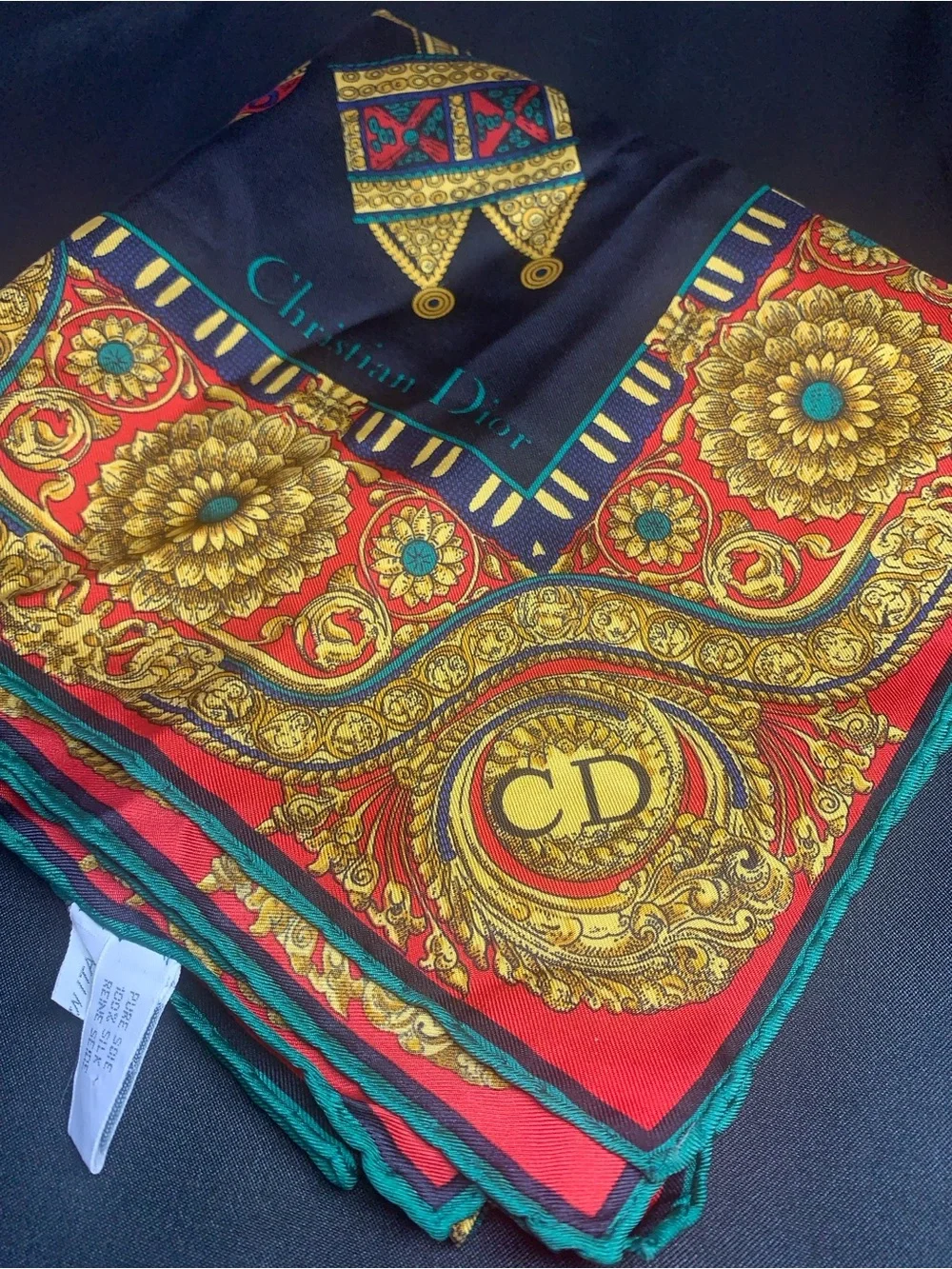 Dior Red, Gold & Teal Baroque Silk Scarf